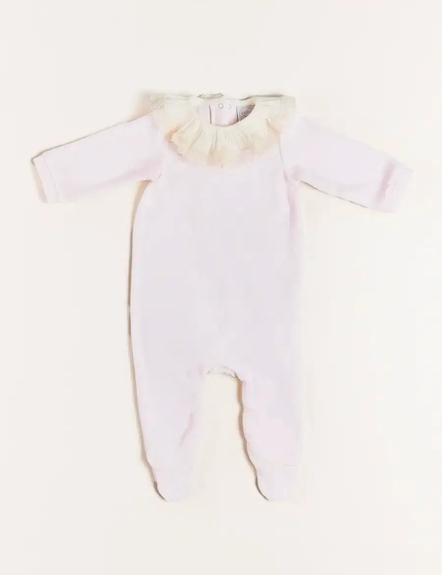 Velour Lace Trim Collar All-In-One in Pink (1mth-12mths) Baby One-Pieces  from Pepa London