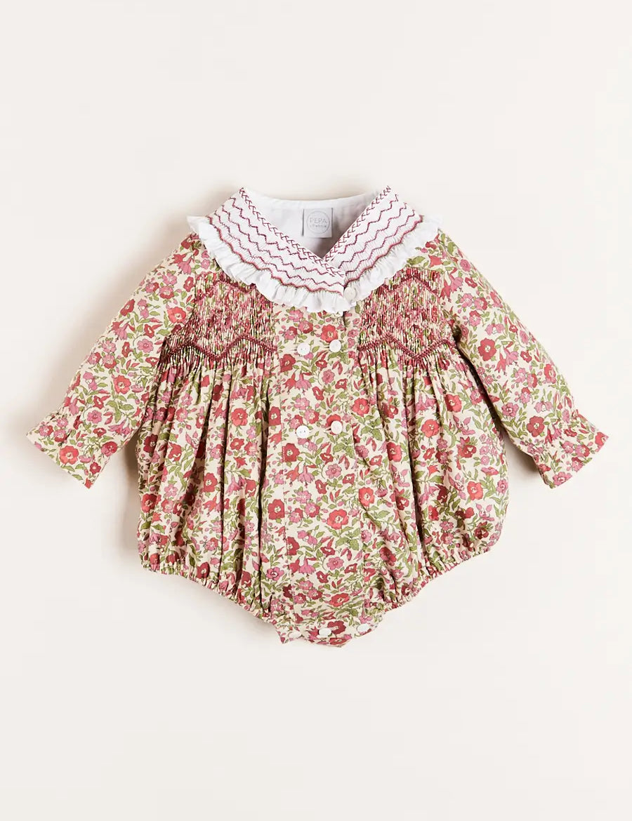 Daphne Floral Hand Smocked Romper in Pink (6mths-2yrs) Rompers  from Pepa London