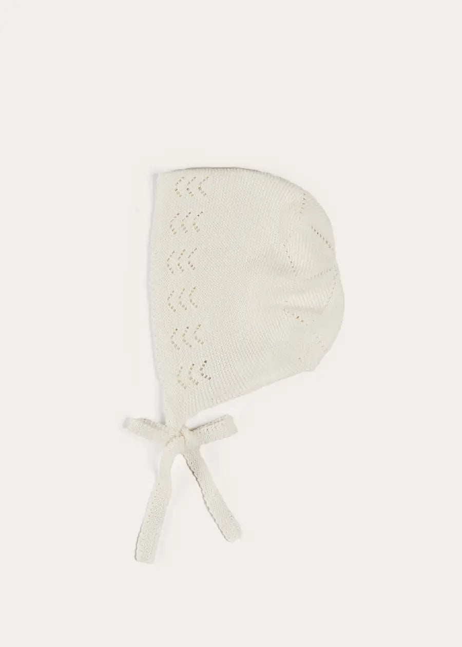 Openwork Cotton Knitted Bonnet in Cream (S-L) BONNETS from Pepa London