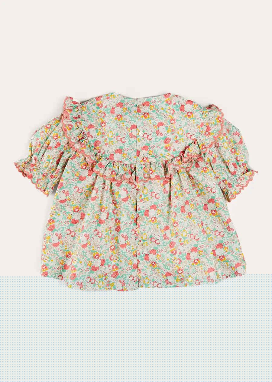 Clementine Floral Smock Detail Short Sleeve Blouse in Coral (2-12yrs) Blouses from Pepa London
