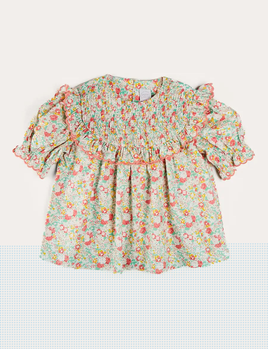 Clementine Floral Smock Detail Short Sleeve Blouse in Coral (2-12yrs) Blouses from Pepa London