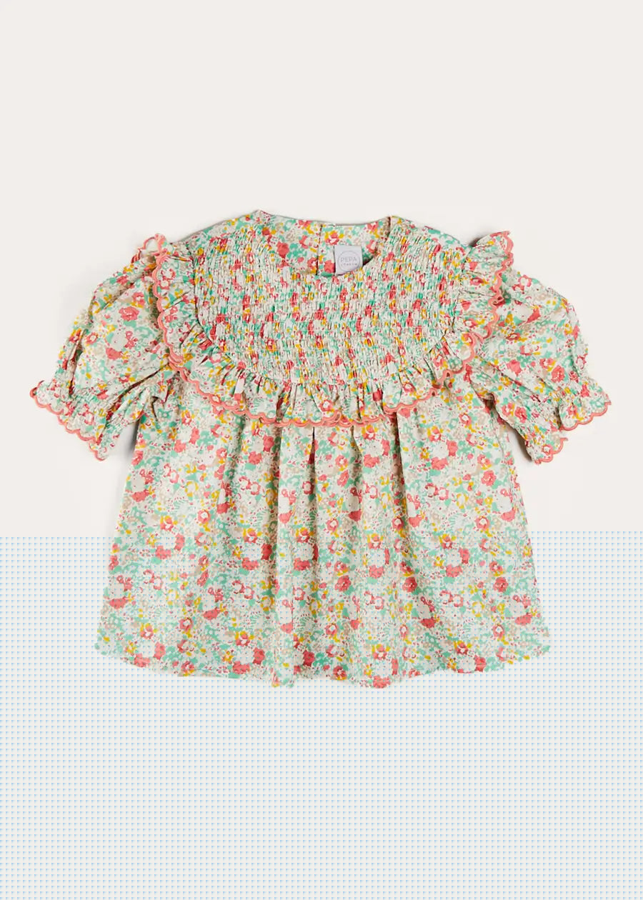 Clementine Floral Smock Detail Short Sleeve Blouse in Coral (2-12yrs) Blouses from Pepa London