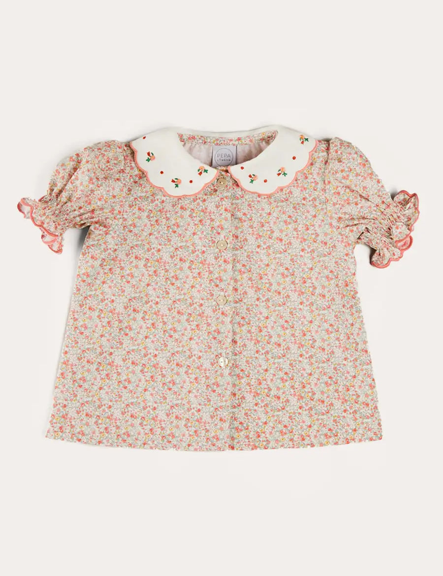 Mabel Floral Embroidered Short Sleeve Blouse in Coral (18mths-10yrs) BLOUSES from Pepa London