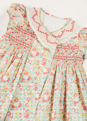 Clementine Floral Hand Smocked Double Breasted Short Sleeve Dress in Coral (12mths-10yrs) DRESSES from Pepa London