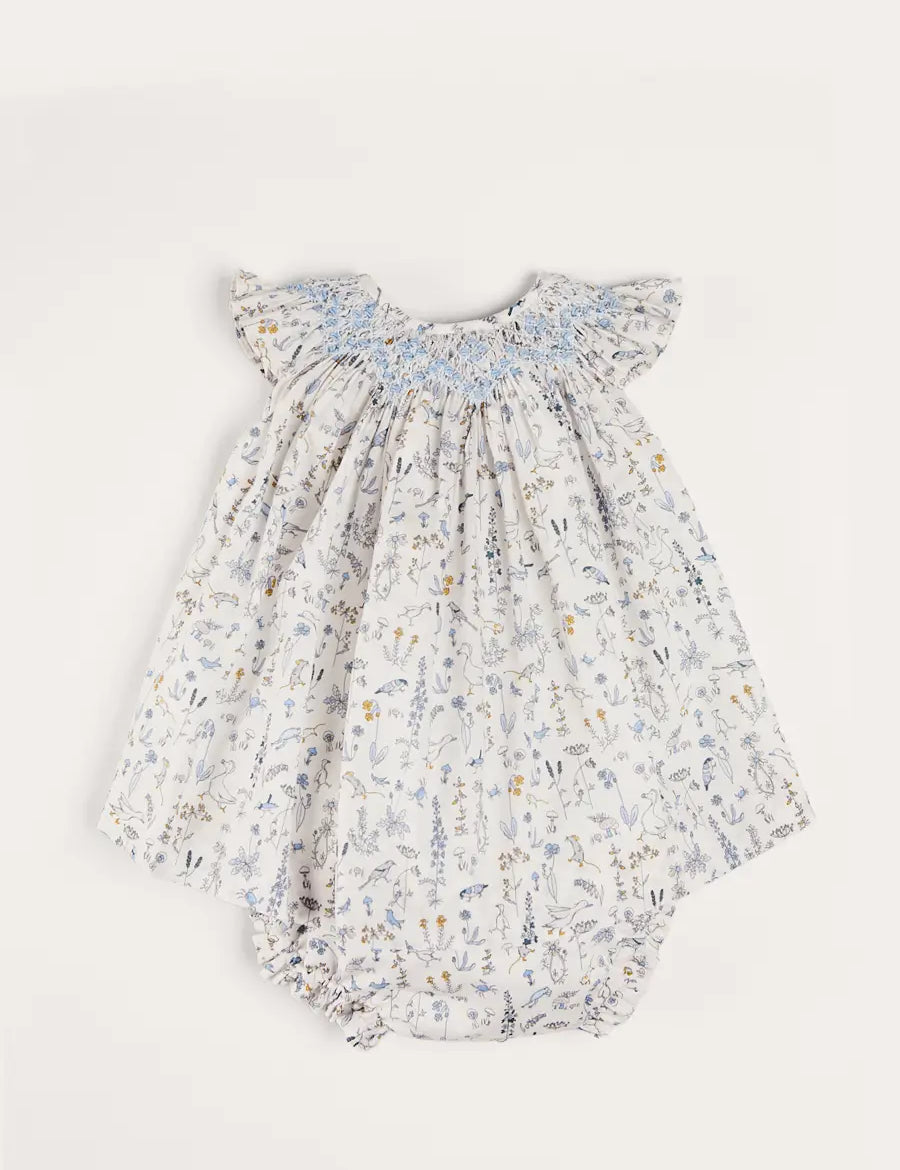 Ellis Sleeveless Dress with Bloomer and Bows in Blue Made with Liberty Fabric (1-12m) DRESSES from Pepa London