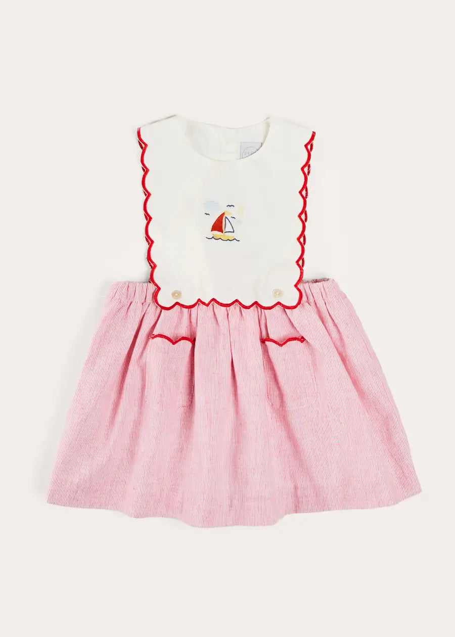 Lawrence Striped Boat Embroidered Scallop Detail Pinafore Skirt in Red (18mths-4yrs) SKIRTS from Pepa London