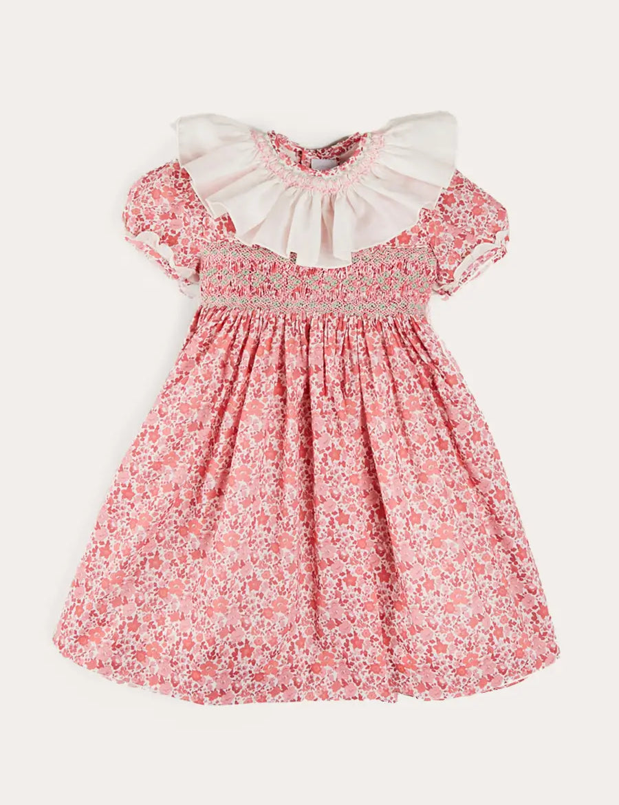 Emilia Floral Hand Smocked Ruffle Collar Short Sleeve Dress in Pink (12mths-10yrs) DRESSES from Pepa London