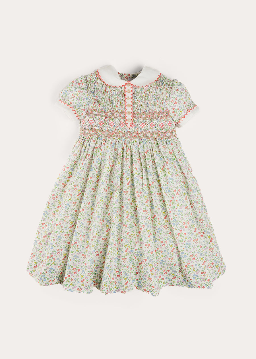 Cordelia Floral Hand-Smocked Short Sleeve Dress in Pink Made with Liberty Fabric (12m-6yrs) DRESSES from Pepa London