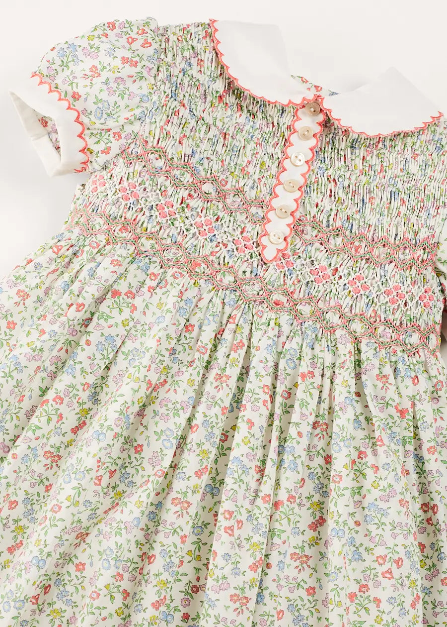 Cordelia Floral Hand-Smocked Short Sleeve Dress in Pink Made with Liberty Fabric (12m-6yrs) DRESSES from Pepa London