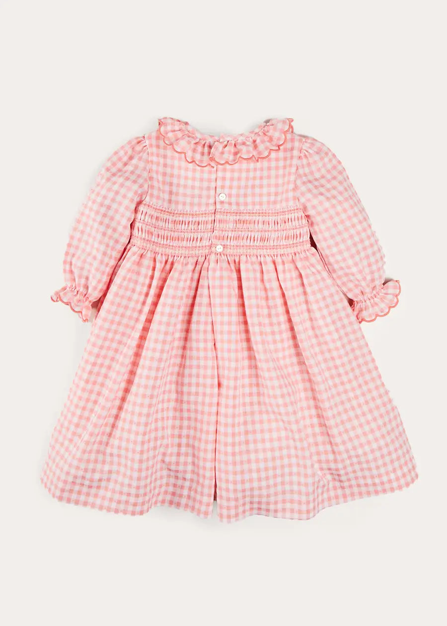 Gingham Smocked Ruffle Collar Long Sleeve Dress in Coral (12mths-10yrs) DRESSES from Pepa London