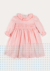 Gingham Smocked Ruffle Collar Long Sleeve Dress in Coral (12mths-10yrs) DRESSES from Pepa London