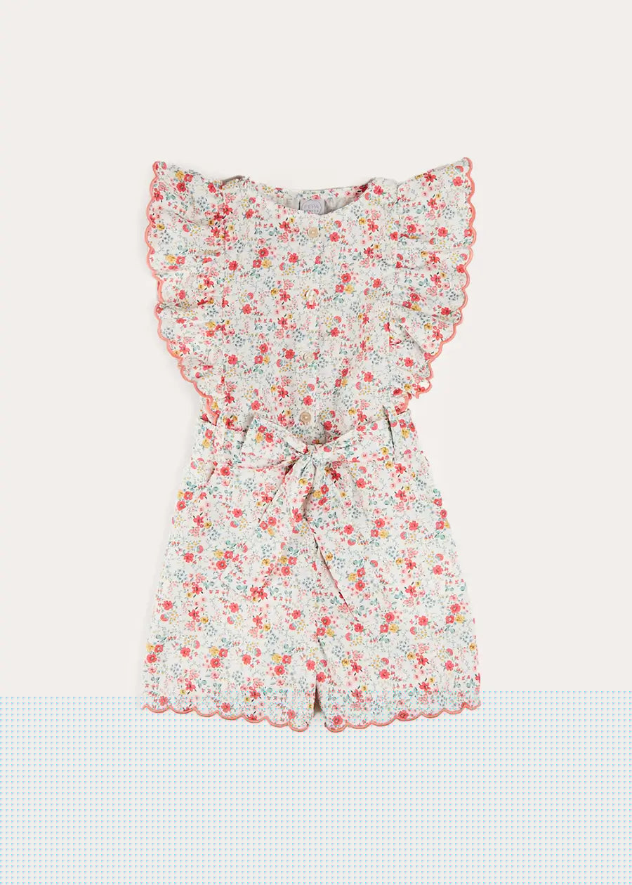 Louisa Floral Ruffle Detail Playsuit in Pink (4-12yrs) DUNGAREES from Pepa London