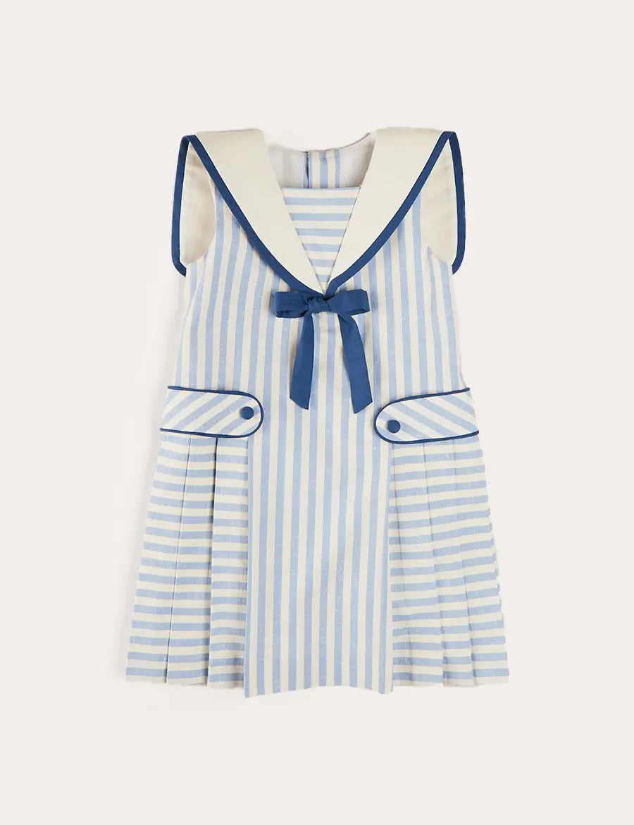 Regency Striped Mariner Collar Pleated Sleeveless Dress in Blue (2-10yrs) DRESSES from Pepa London