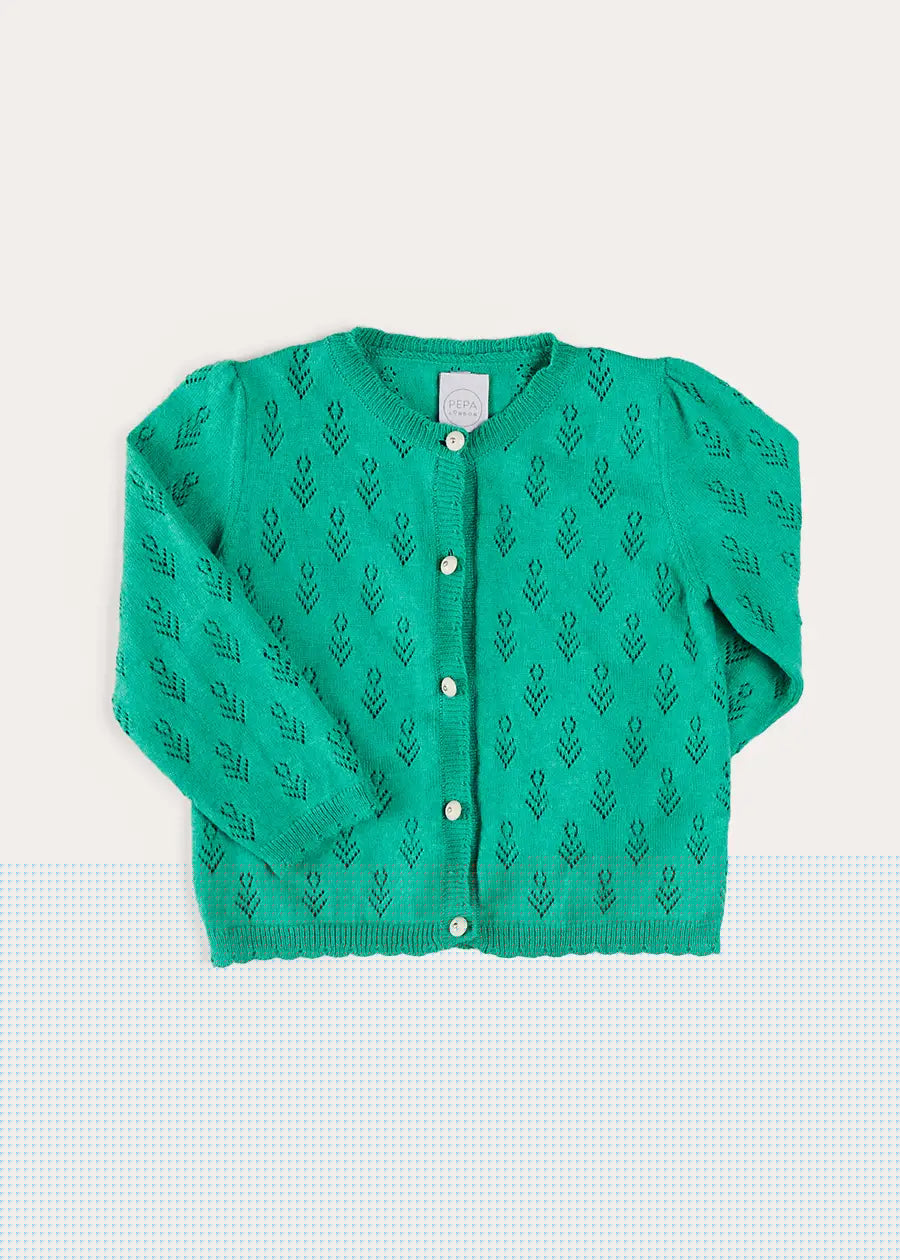 Floral Openwork Cotton Cardigan in Green (2-10yrs) KNITWEAR from Pepa London
