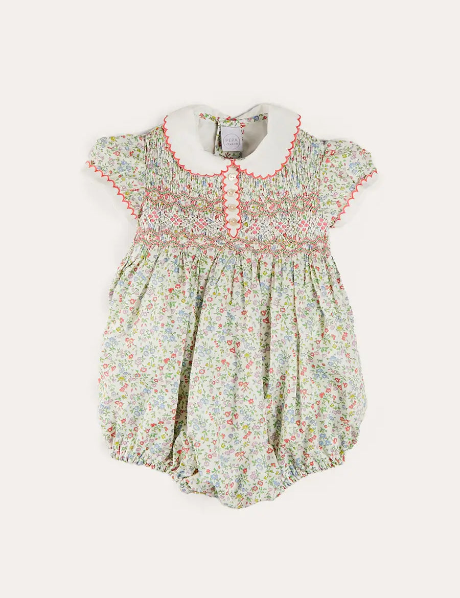 Cordelia Floral Hand-Smocked Short Sleeve Romper in Pink Made with Liberty Fabric (3m-2yrs) ROMPERS from Pepa London