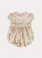 Clementine Floral Hand Smocked Double Breasted Short Sleeve Romper in Coral (6mths-3yrs) ROMPERS from Pepa London