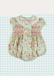Clementine Floral Hand Smocked Double Breasted Short Sleeve Romper in Coral (6mths-3yrs) ROMPERS from Pepa London