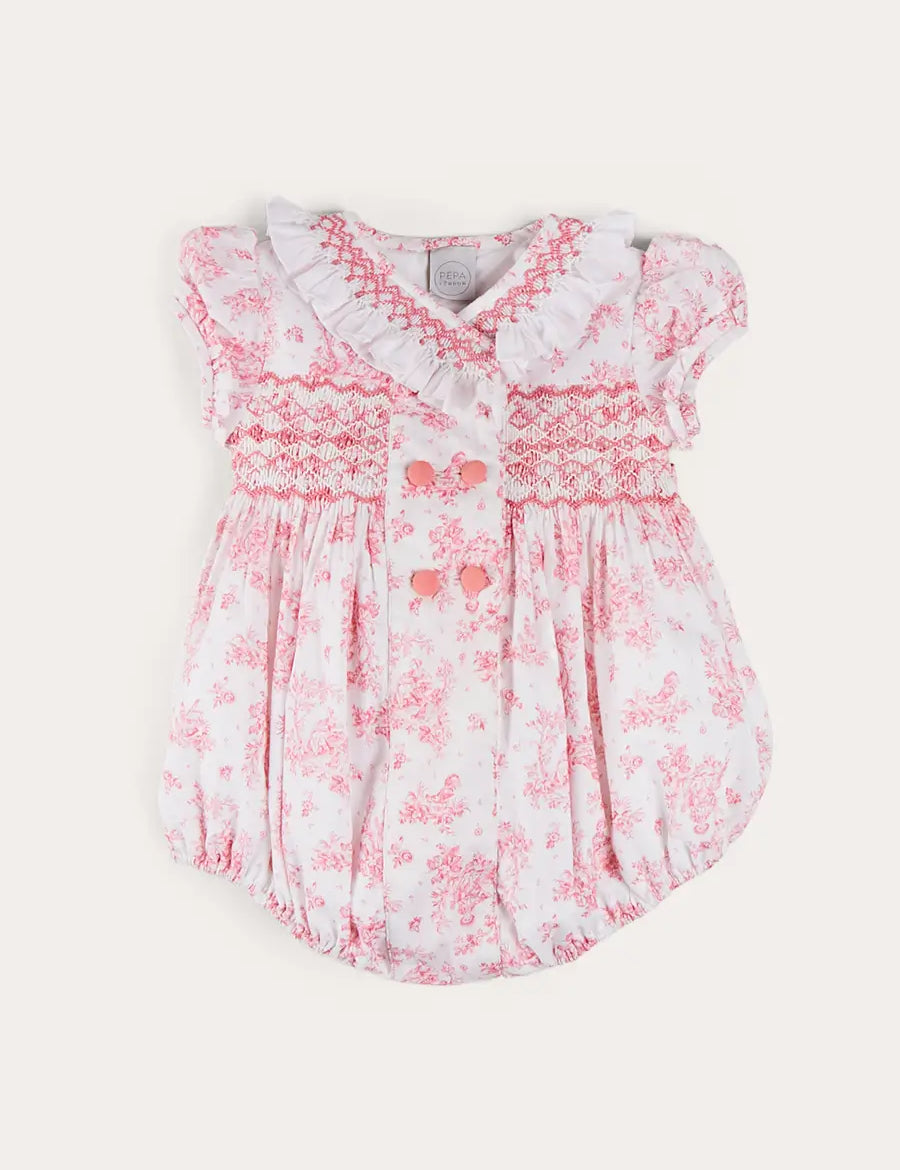 Audrey Hand Smocked Double Breasted Short Sleeve Romper in Pink (6mths-2yrs) ROMPERS from Pepa London