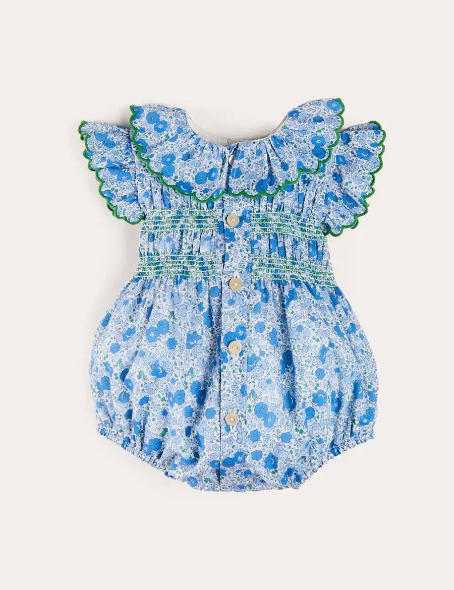 Olivia Floral Smocked Ruffle Collar Sleeveless Romper in Blue (6mths-2yrs) ROMPERS from Pepa London
