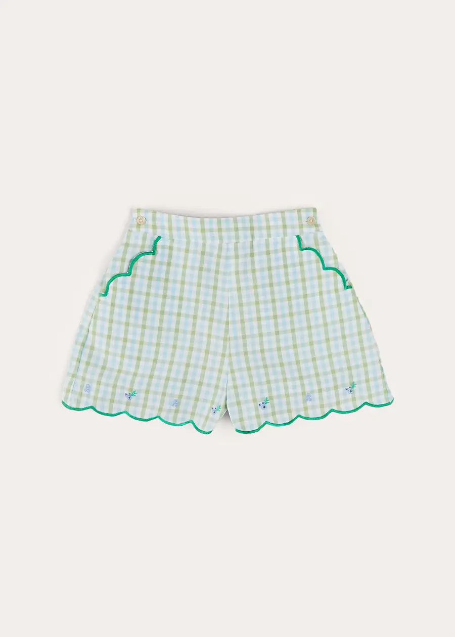 Maxwell Gingham Scallop Trim Embroidered Shorts in Green (18mths-10yrs) SHORTS from Pepa London