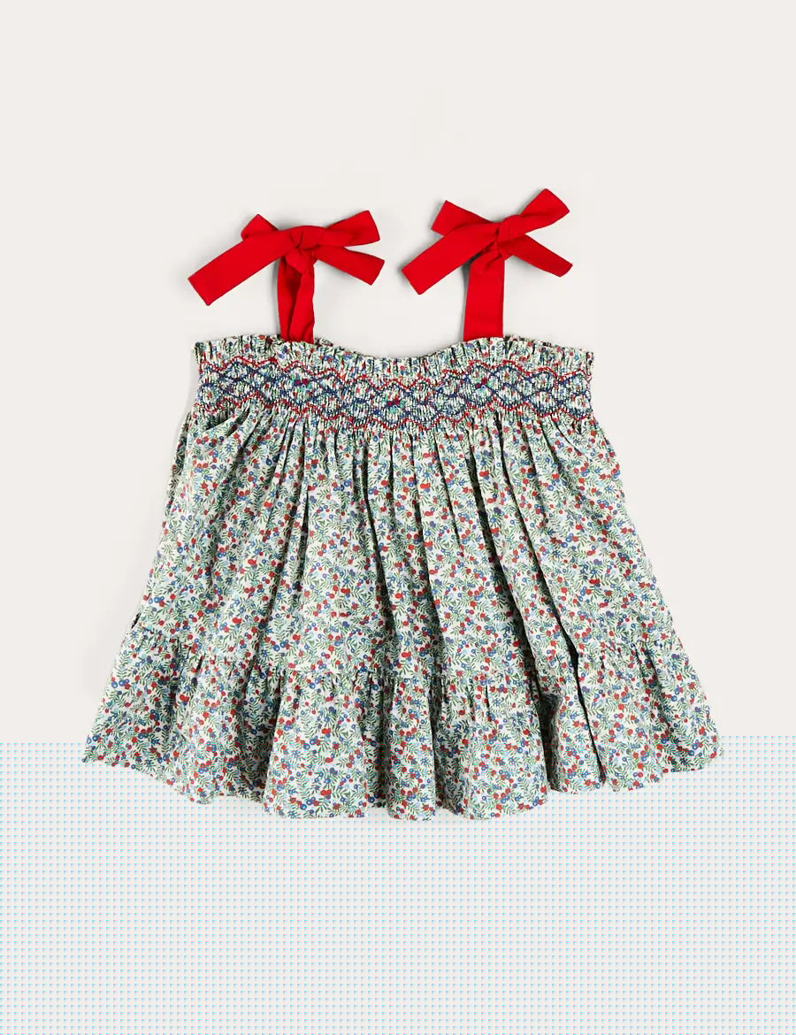 Evelyn Floral Smock Detail Tie Strap Blouse in Red (4-10yrs) BLOUSES from Pepa London