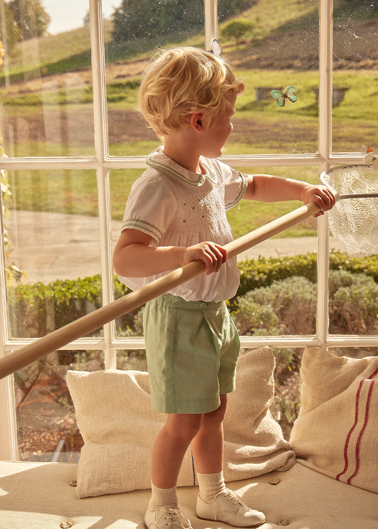 Hand Smocked Peter Pan Collar Short Sleeve Two Piece Set in Green (18mths-6yrs) Two Piece Set  from Pepa London