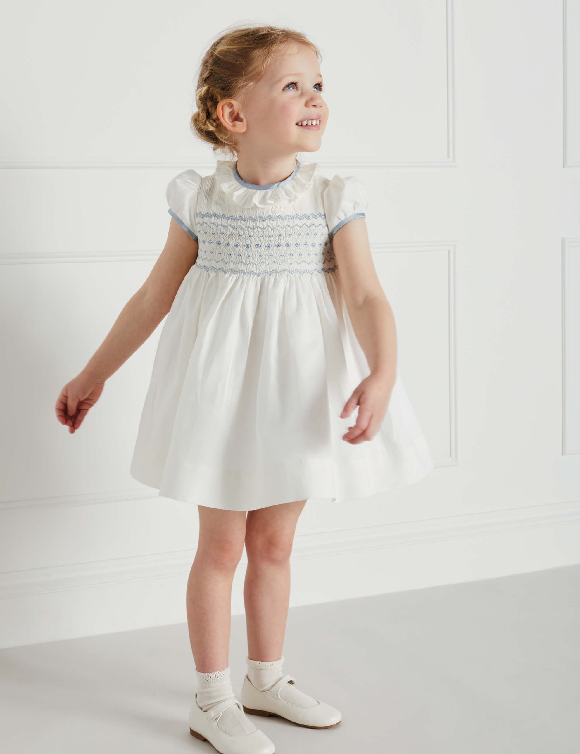 Ivory Hand Smocked Occasion Dress with Blue Details (6mths-8yrs) Dresses from Pepa London