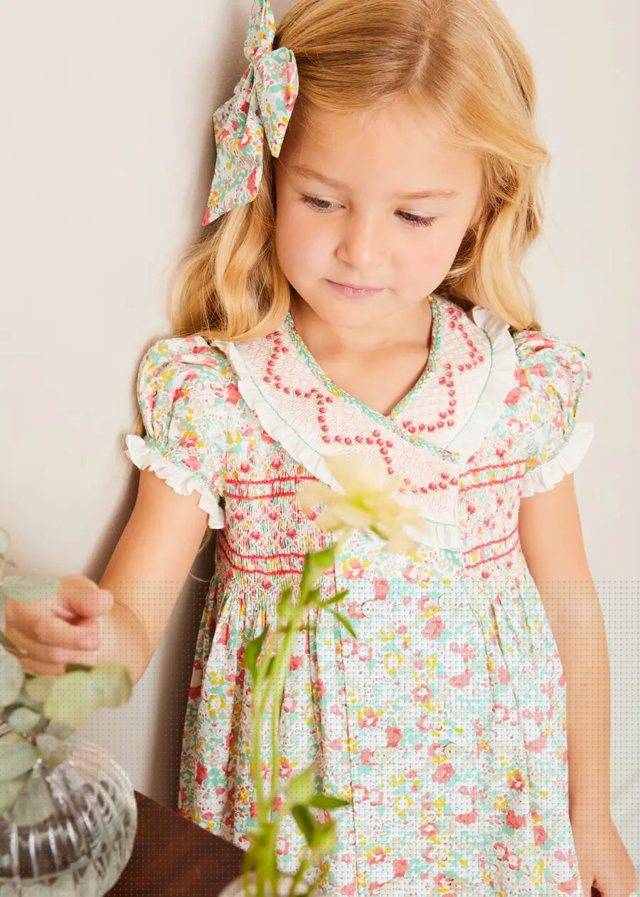 Clementine Floral Hand Smocked Double Breasted Short Sleeve Dress in Coral (12mths-10yrs) DRESSES from Pepa London