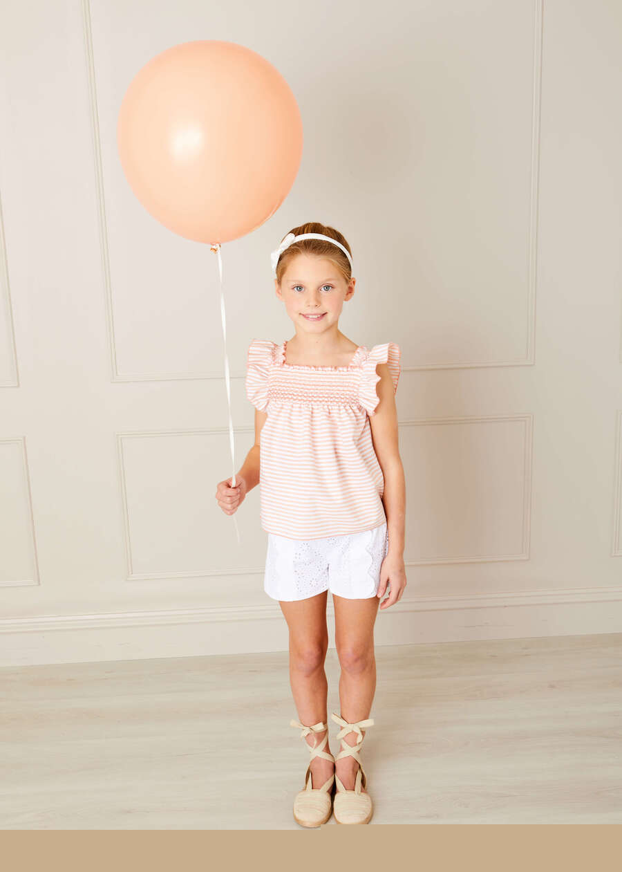 Striped Smock Detail Ruffle Sleeve Blouse in Tangerine (4-10yrs) Blouses  from Pepa London