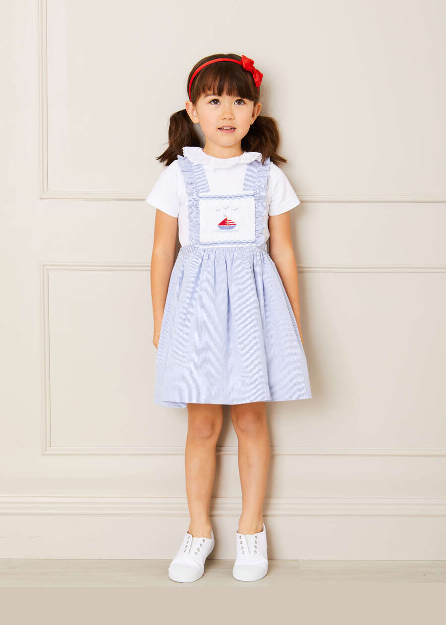 Nautical Striped Boat Embroidered Skirt with Braces in Blue (18mths-4yrs) Skirts  from Pepa London