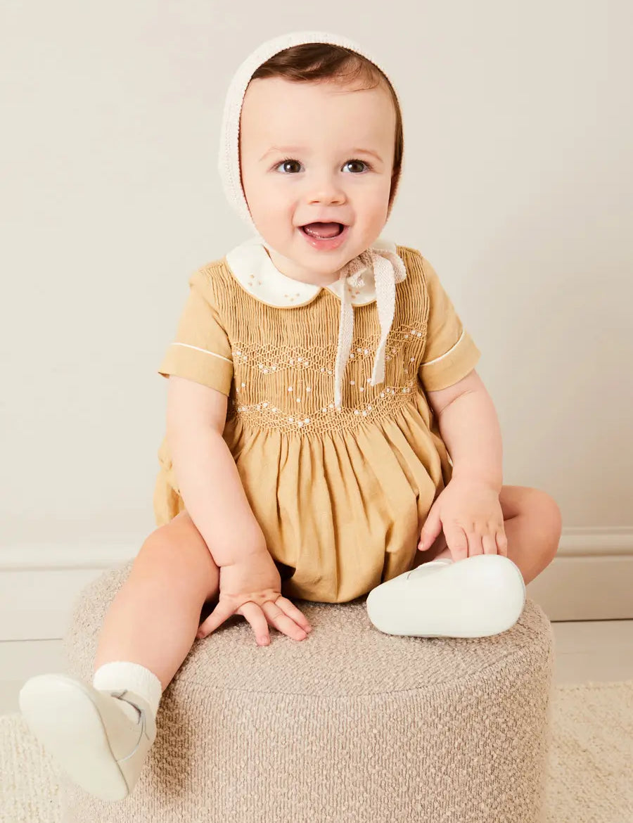 Peter Pan Collar Hand Smocked Short Sleeve Romper in Camel (6mths-2yrs) ROMPERS from Pepa London