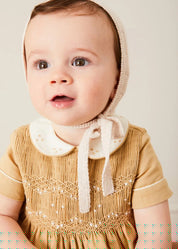 Peter Pan Collar Hand Smocked Short Sleeve Romper in Camel (6mths-2yrs) ROMPERS from Pepa London