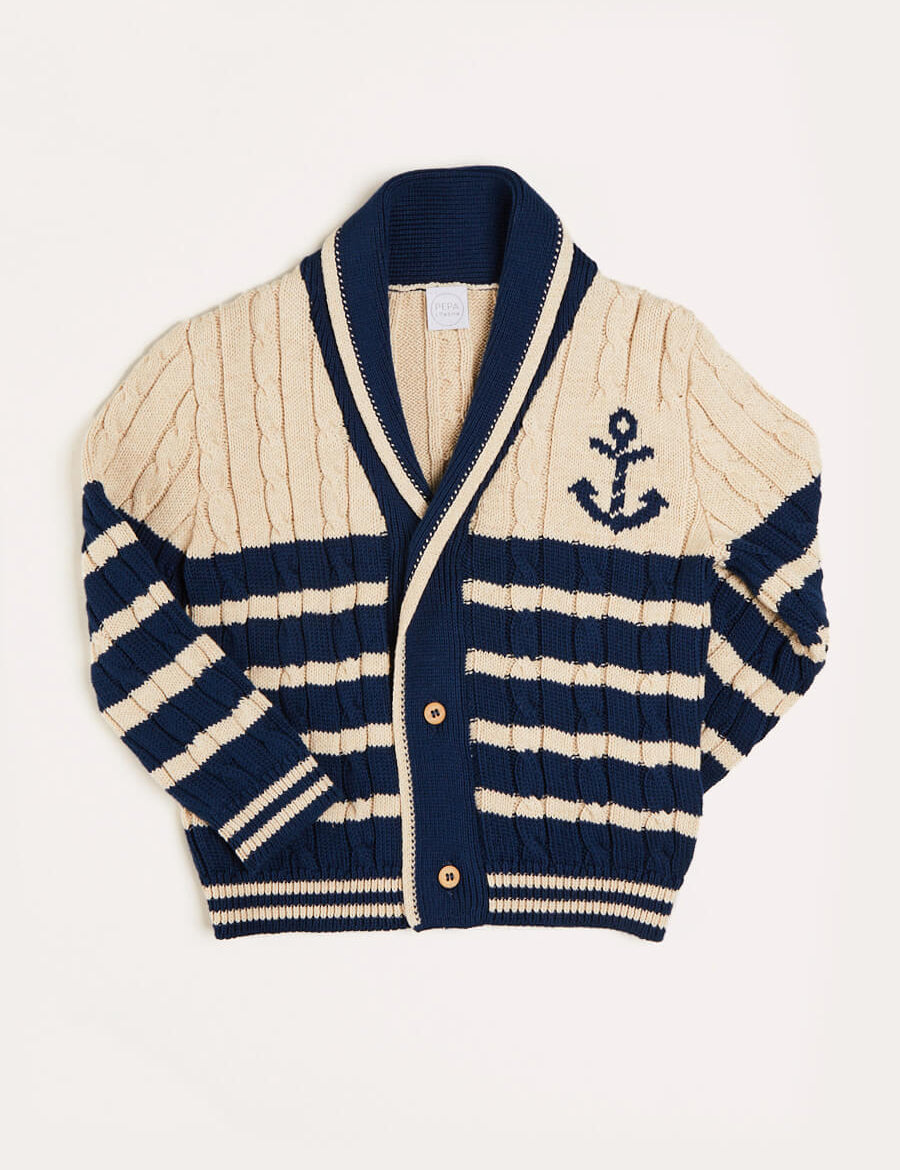 Anchor Motif Striped Cable Knit Cardigan in Navy (2-10yrs) Knitwear  from Pepa London