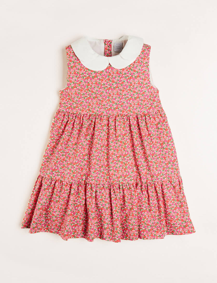Annie Floral Print Scalloped Collar Sleeveless Dress in Coral (4-10yrs) Dresses  from Pepa London