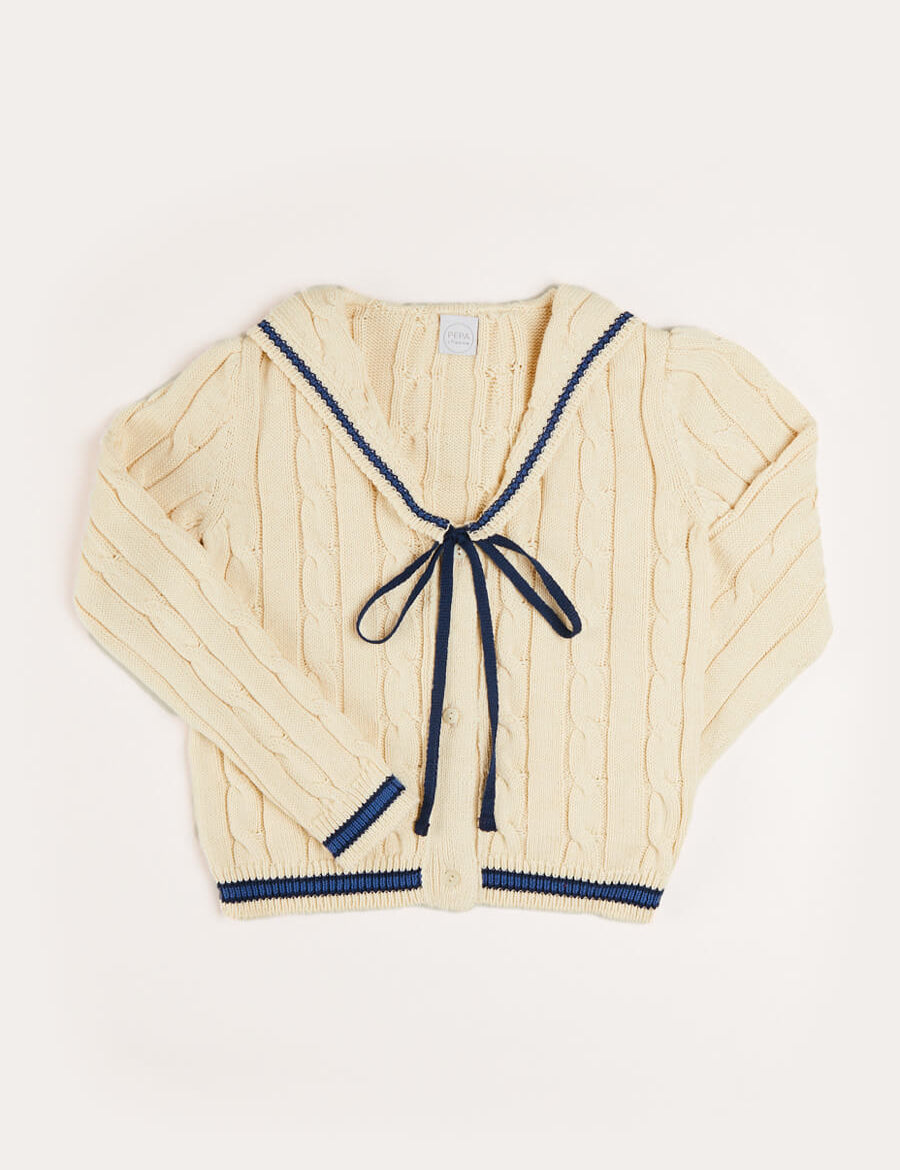Cable Knit Mariner Cardigan in Beige (4-10yrs) Knitwear  from Pepa London
