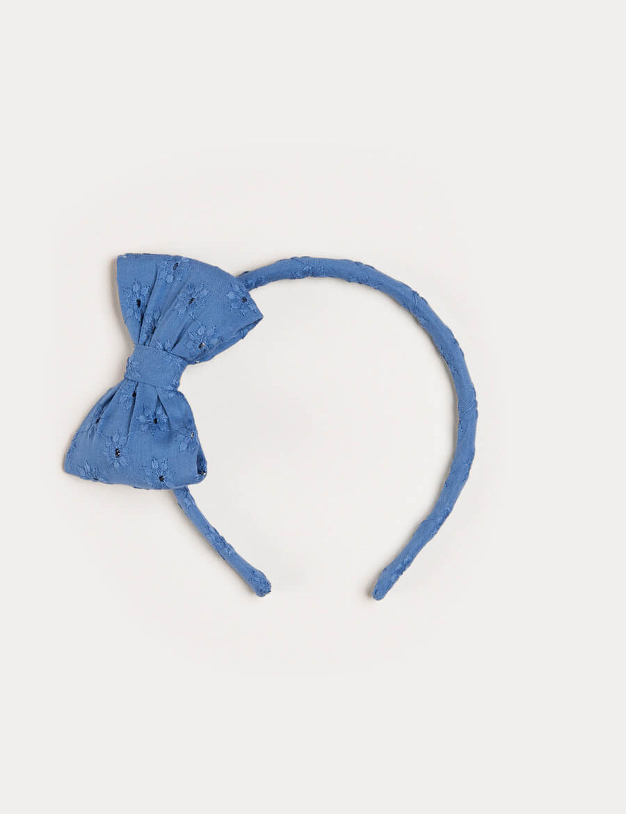 Broderie Anglaise Medium Bow Headband in Blue Hair Accessories  from Pepa London