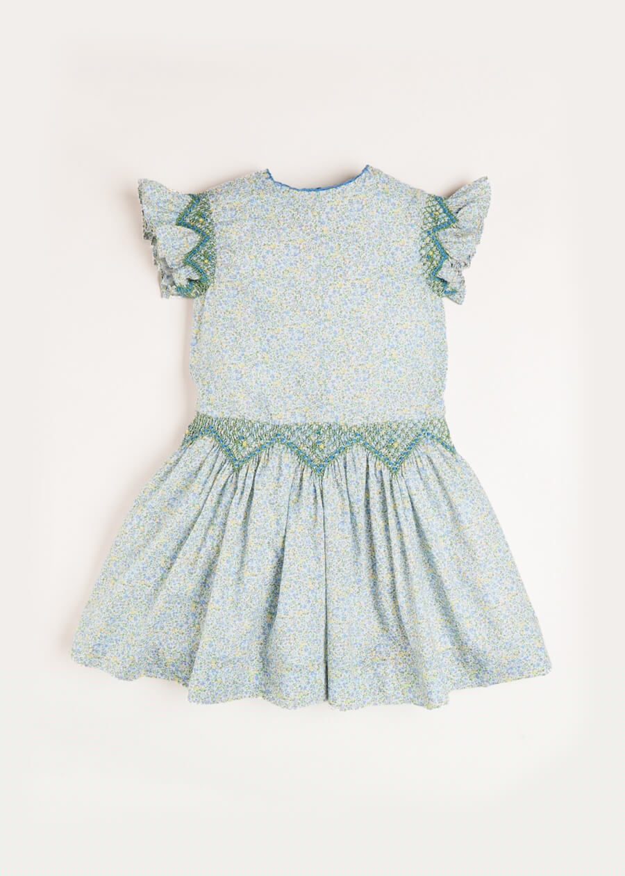 Matilda Floral Print Hand Smocked Sleeveless Dress in Blue (4-10yrs) Dresses  from Pepa London