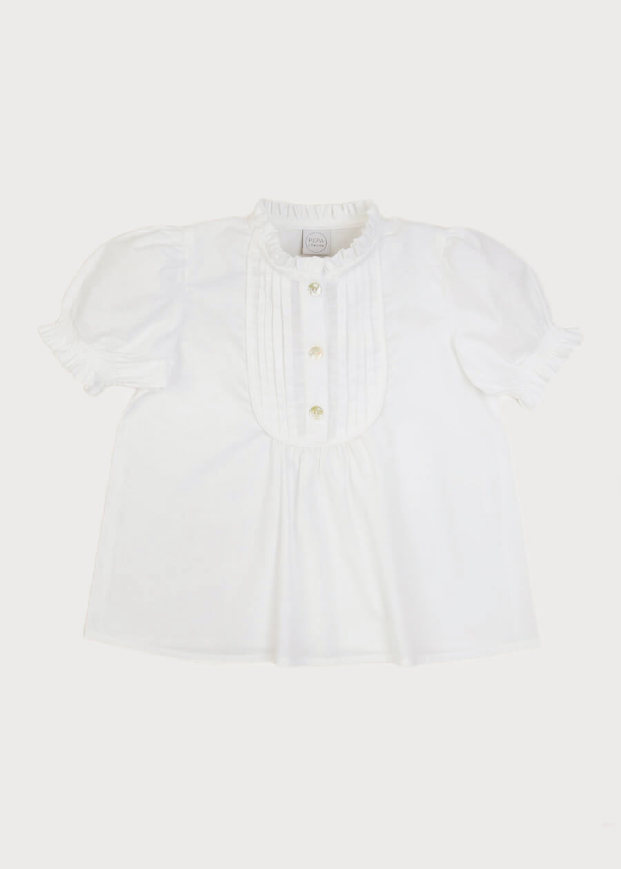 Frilly Neck Pleated Short Sleeve Blouse in White (18mths-10yrs) Blouses  from Pepa London