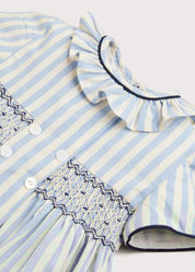 Hand Smocked Delicate Stripe Short Sleeve Dress in Blue (12mths-10yrs) Dresses  from Pepa London