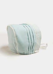 Lace Trim Linen Bonnet in Teal (3mths-2yrs) Accessories  from Pepa London