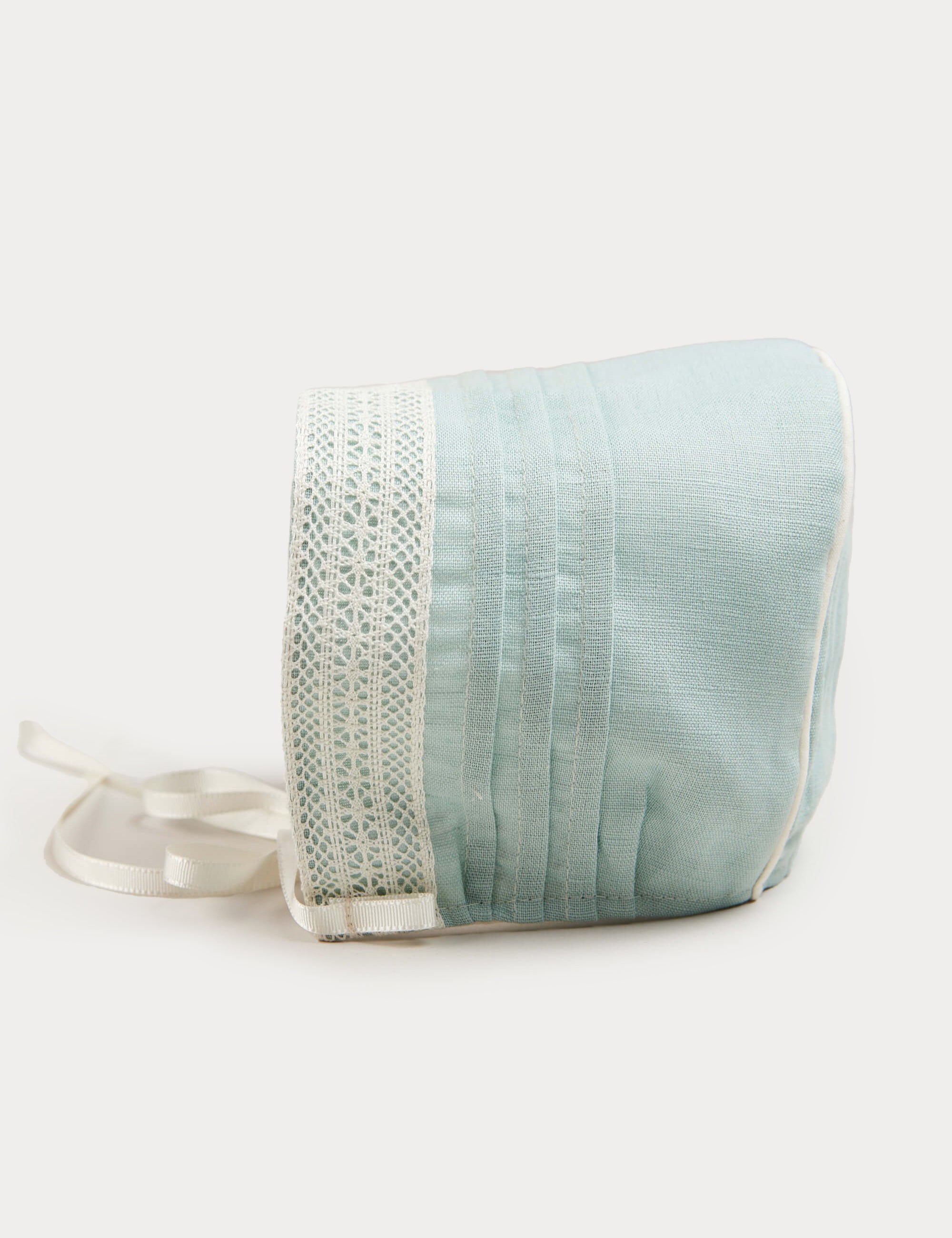 Lace Trim Linen Bonnet in Teal (3mths-2yrs) Accessories  from Pepa London