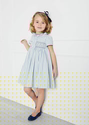 Hand Smocked Delicate Stripe Short Sleeve Dress in Blue (12mths-10yrs) Dresses  from Pepa London