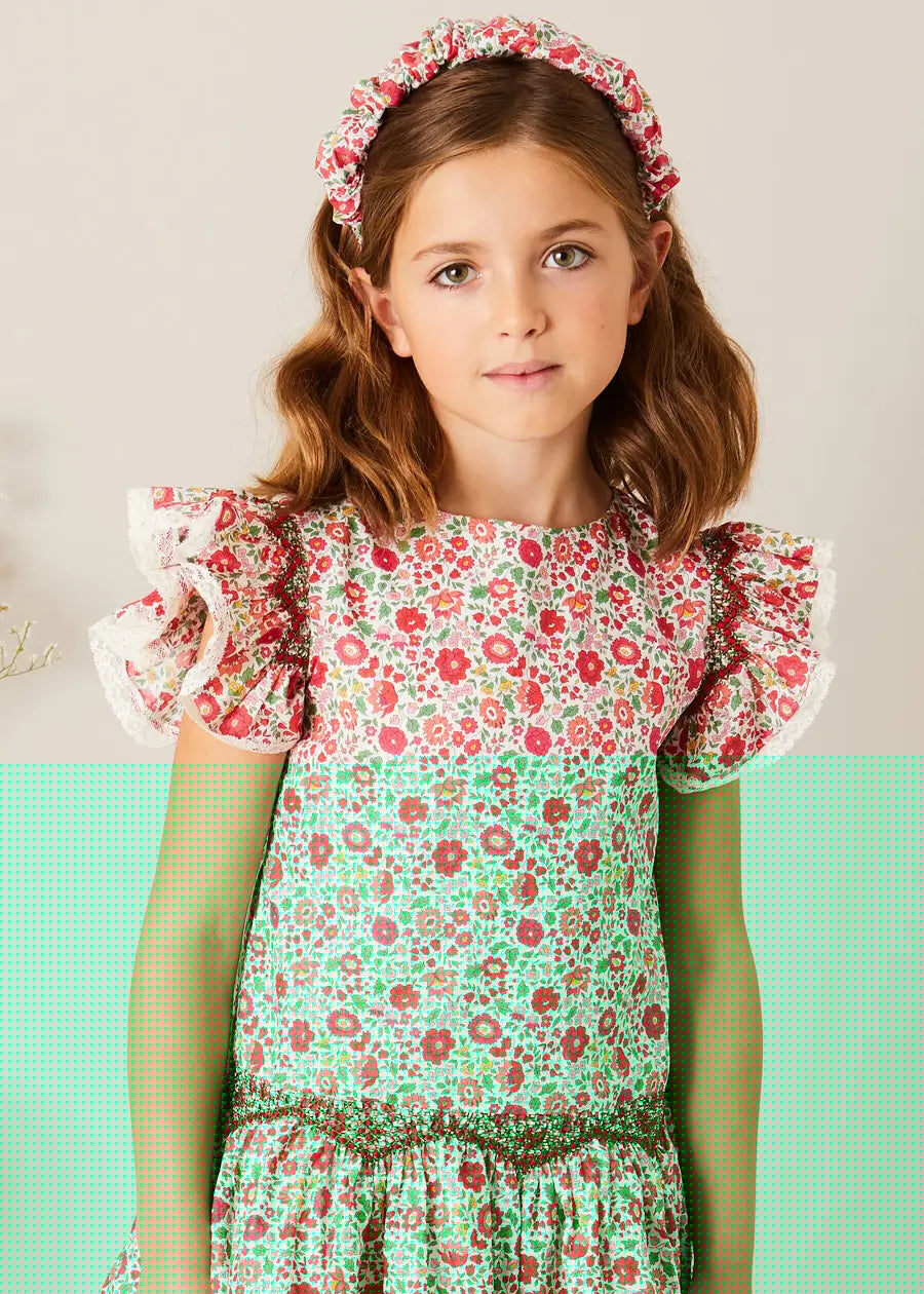 Margot Floral Sleeveless Hand-Smocked Dress in Red Made with Liberty Fabric (4-12yrs) DRESSES from Pepa London