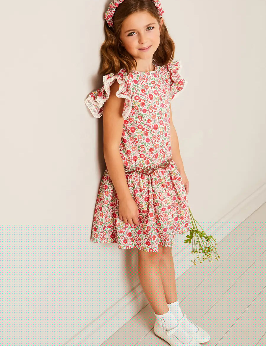 Margot Floral Sleeveless Hand-Smocked Dress in Red Made with Liberty Fabric (4-12yrs) DRESSES from Pepa London