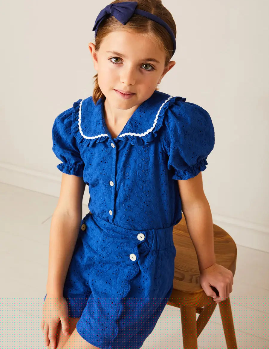 Broderie Anglaise Statement Collar Short Sleeve Blouse in Blue (4-12yrs) BLOUSES from Pepa London