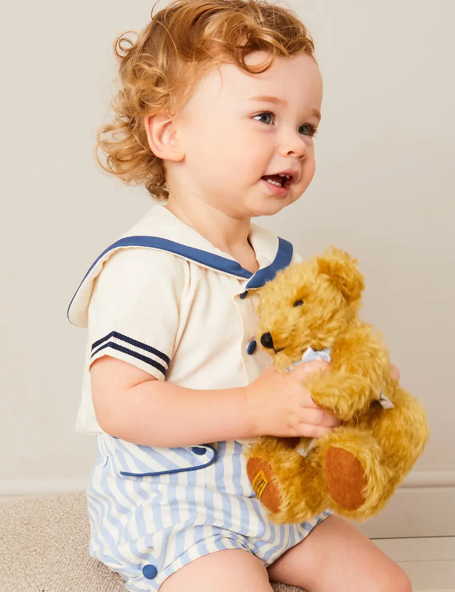 Limited Edition Merrythought & Pepa Teddy Bear With Regency Striped Bow in Blue (S-L) TOYS from Pepa London