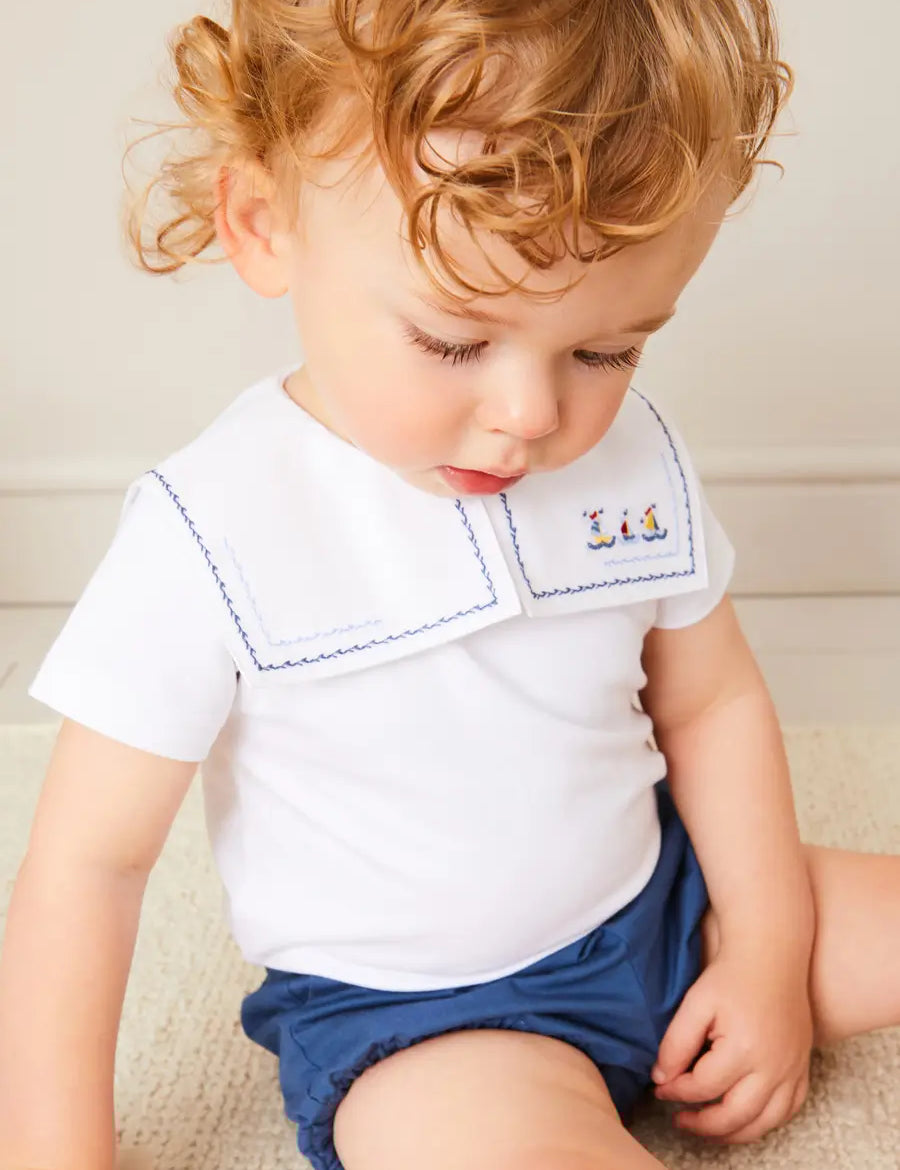 Boat Embroidery Statement Collar Short Sleeve Bodysuit in White (3mths-2yrs) TOPS & BODYSUITS from Pepa London