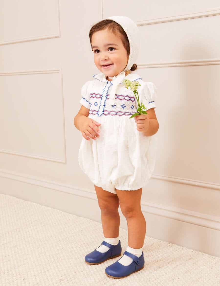 Scallop Collar Hand Smocked Short Sleeve Romper in White (6mths-2yrs) Rompers  from Pepa London