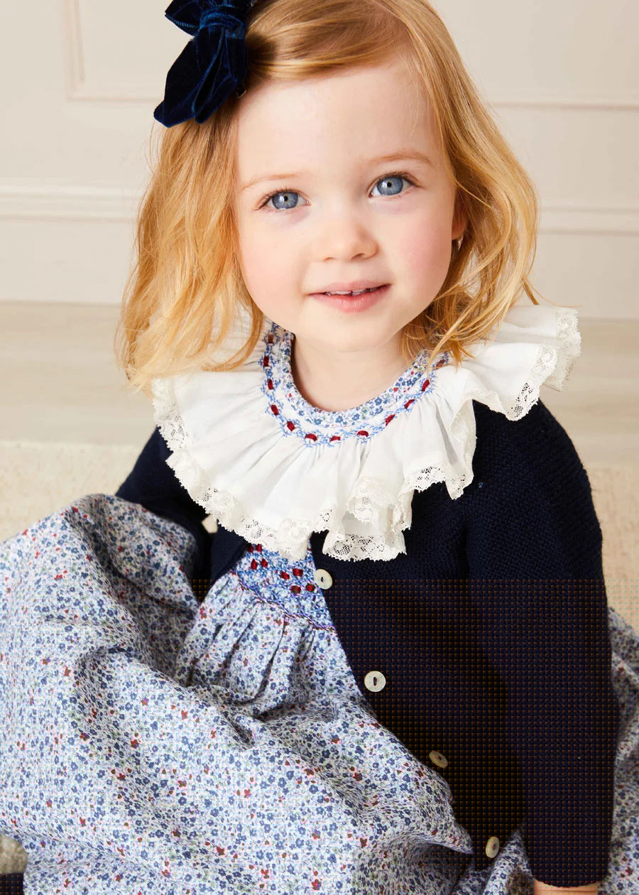 Penelope Floral Hand Smocked Long Sleeve Dress in Navy (12mths-10yrs) Dresses  from Pepa London