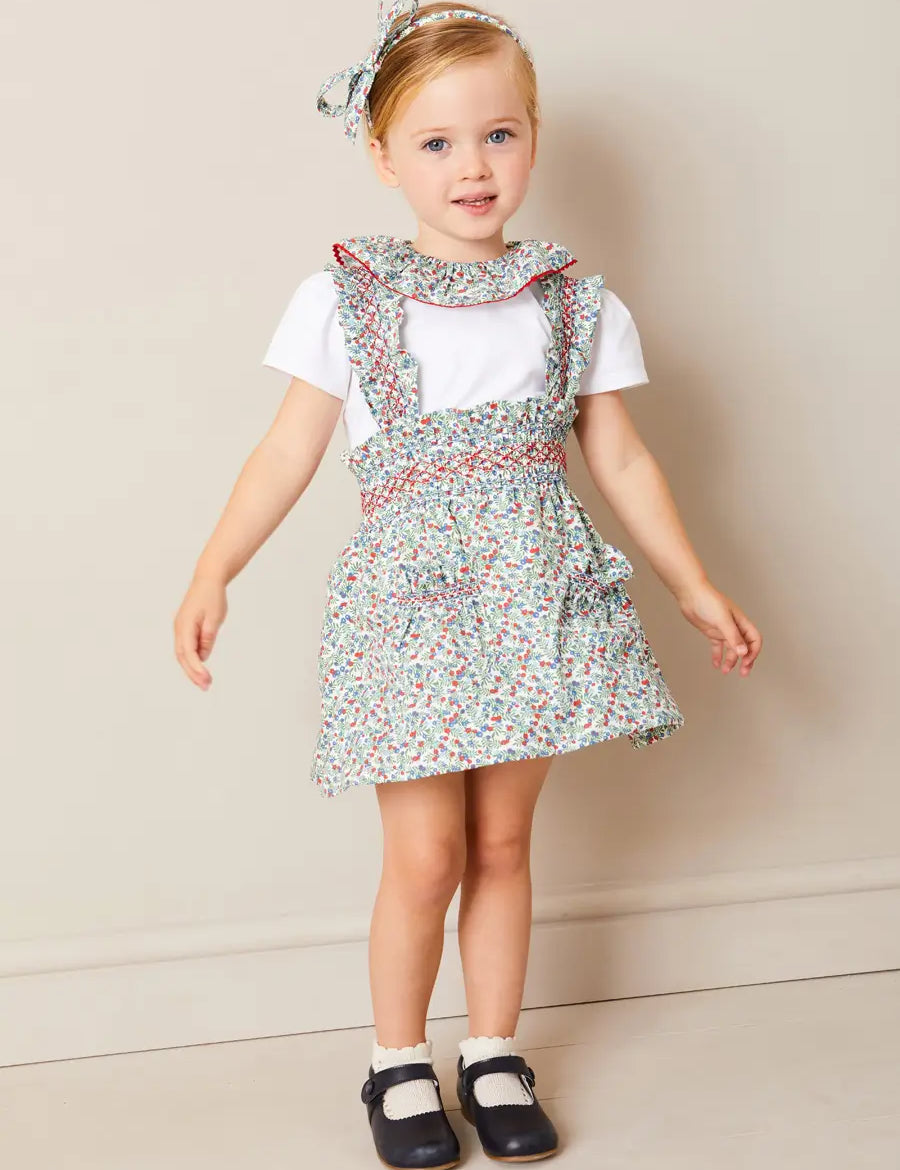 Evelyn Floral Smocked Detail Skirt With Braces in Red (18mths-6yrs) SKIRTS from Pepa London
